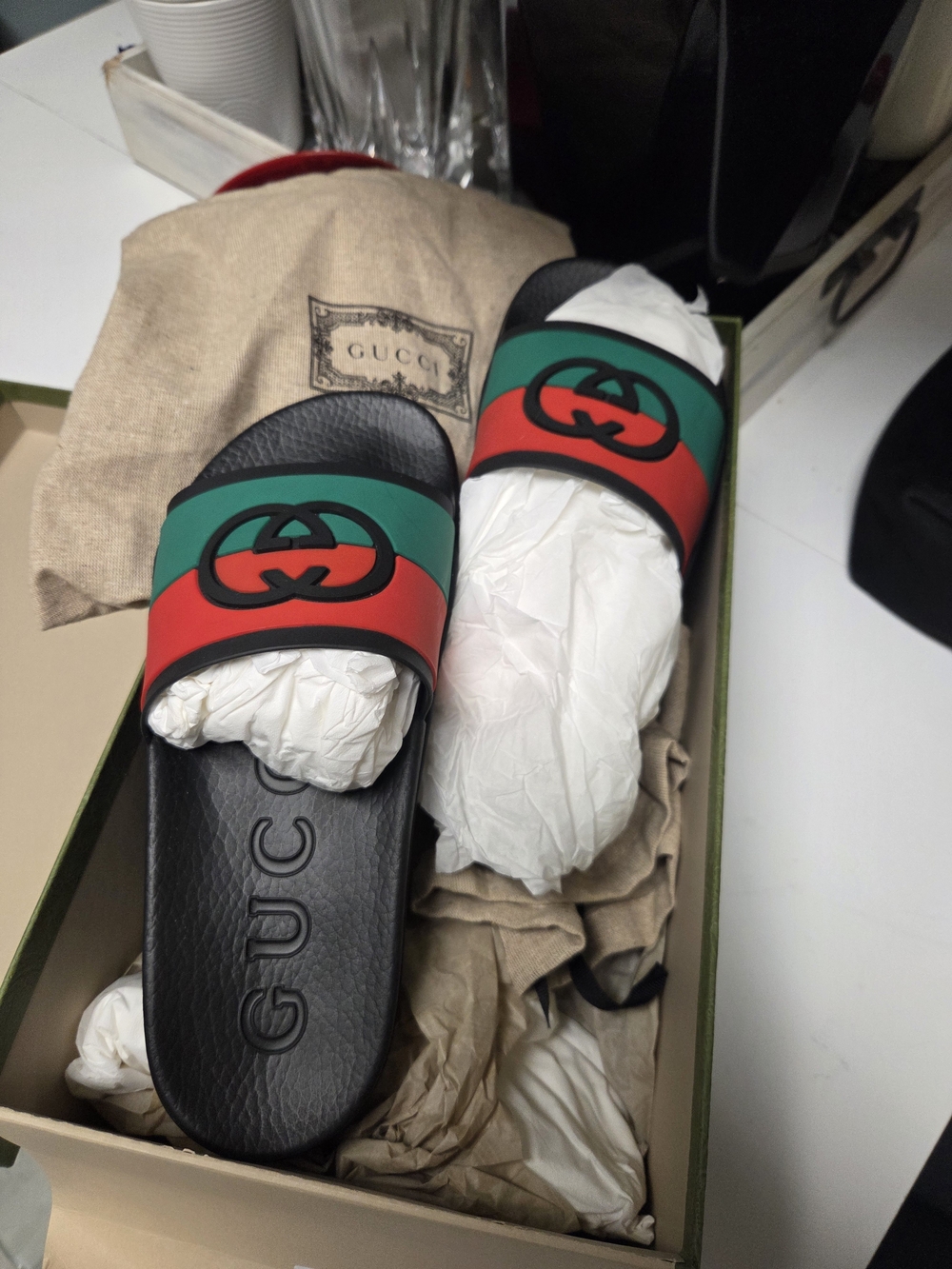 Gucci Black Slides with Green & Red Striped Logo Band